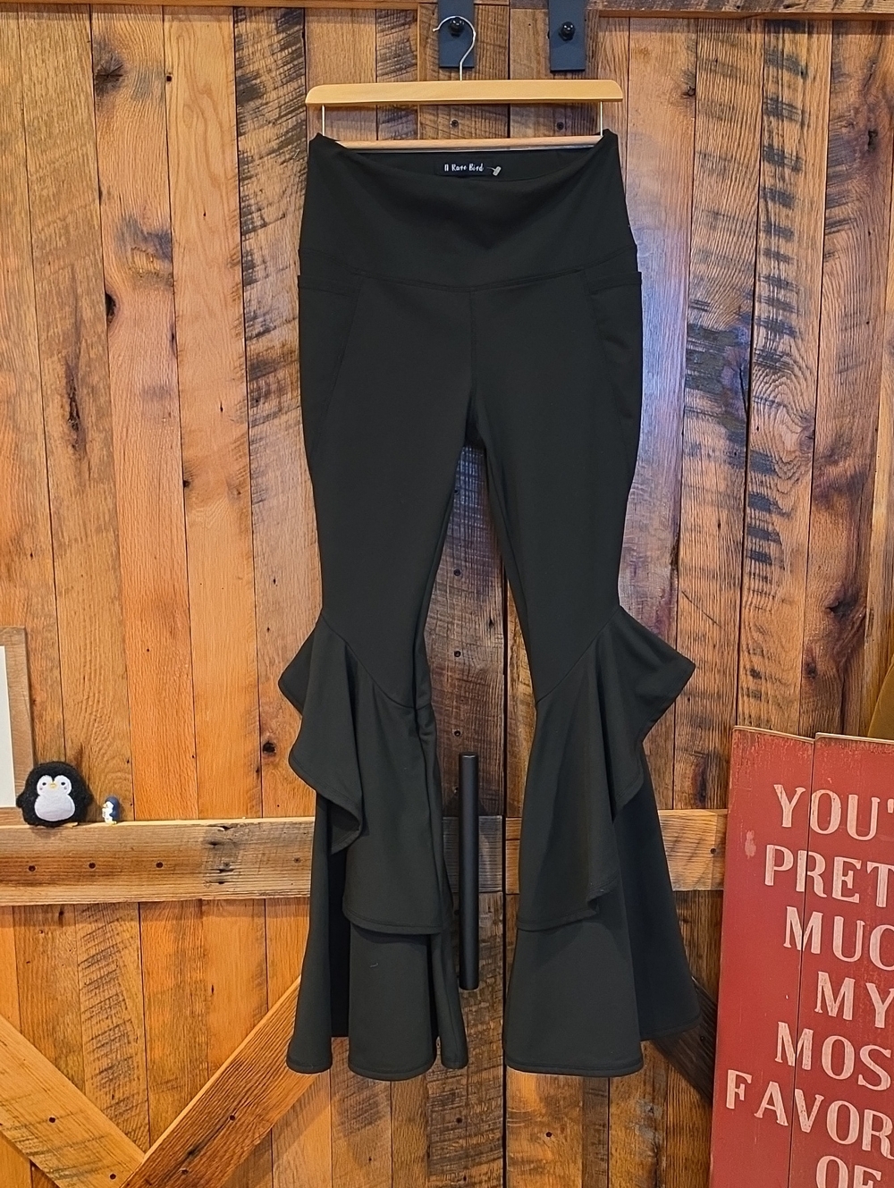 128p A Rare Bird Black Ruffle Flare Pants  Statement Bootcut